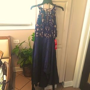 Navy beaded Sparkle embellished High Low elegant fancy Cocktail Party Midi Dress